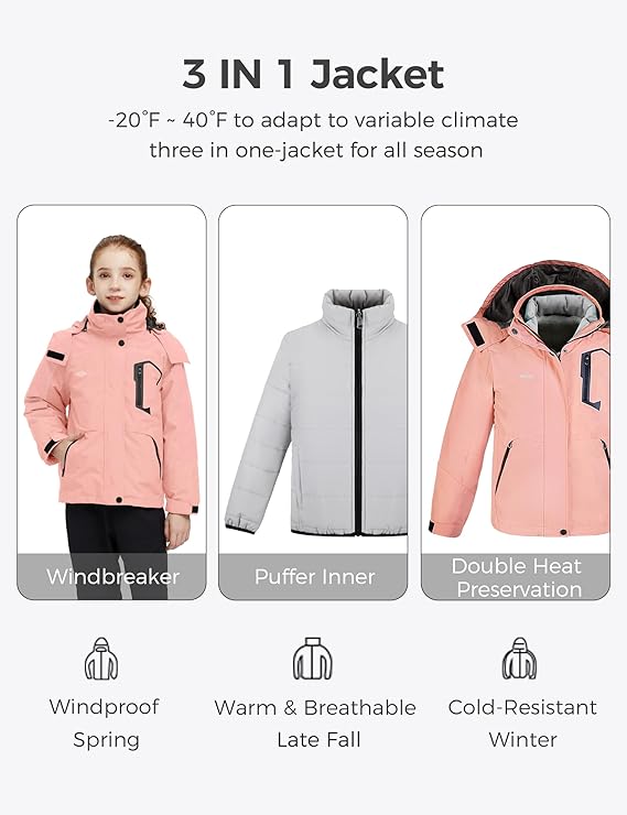 Girls’ 3-in-1 Ski Jacket with Fleece Lining